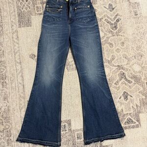 Ganni Medium Blue Flare Jeans with Gold Chain Accent
